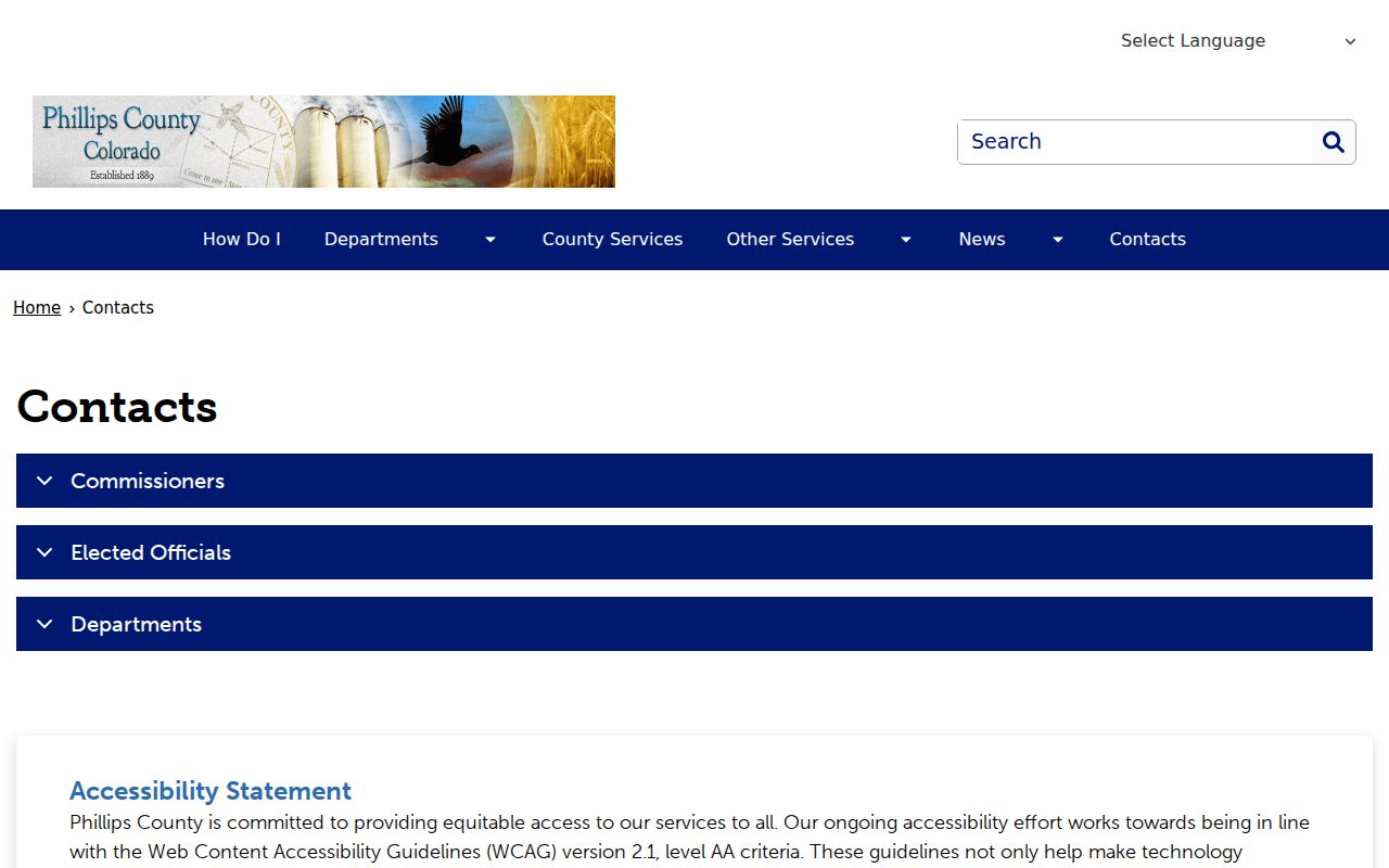 Phillips County contacts page listing elected offices